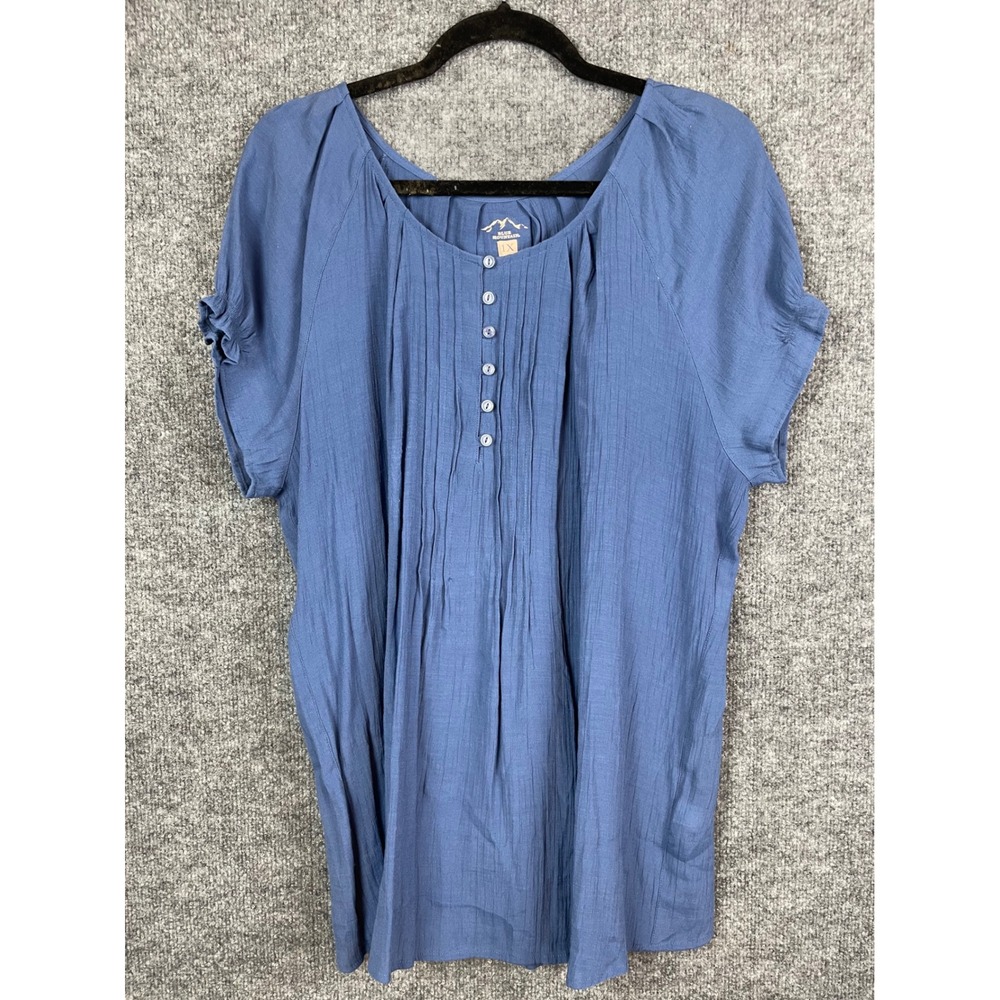 Blue Mountain Henley Top Womens 1X Blue Excellent Pintuck Ruffle Sleeve Blouse